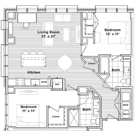 Floor plan for 2 beds, 2 baths, 1182 sqft